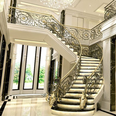 12 mm geschwungene Treppe aus gehärtetem Glas, Schmiedeeisen, Holz, für Eisenbalustrade