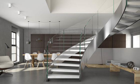 Schmiedeeisen-Innentreppen-Geländer-Wendeltreppe-gebogener Geländerdocken-Glashandlauf