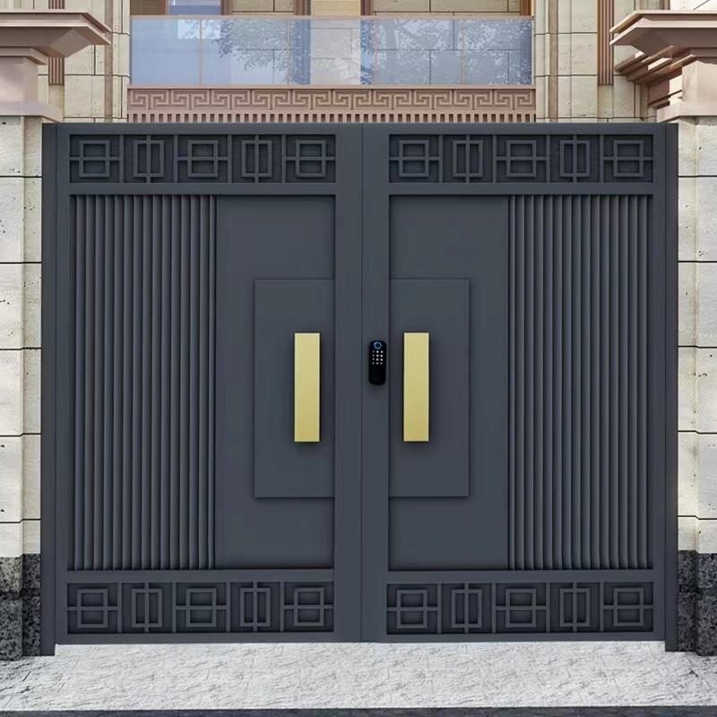 Außendekoration Schwarzer Eingang Doppel Tür aus Edelstahl Schmiedeeisen Design Haupttor
